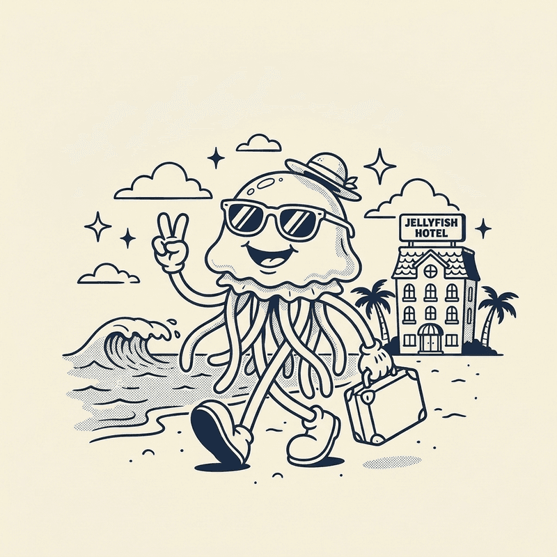 Jellyfish Hotel — a jellyfish with sunglasses strolling to its beach hotel